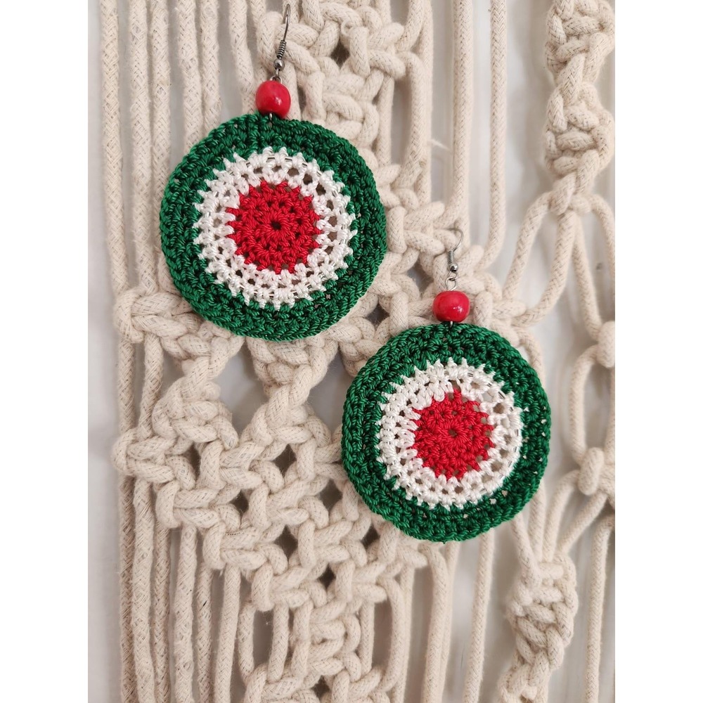 Crochet Round Earrings: Lightweight Nylon Thread, Green‎ White Red